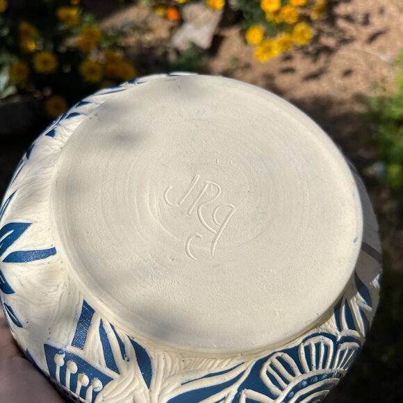Blue and White Carved Floral Pottery Bowl Handmade - Picture 7 of 8